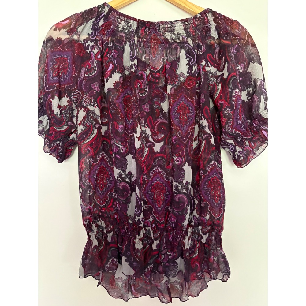 ANA A New Approach Purple Paisley Smocked Chiffon Blouse Top Medium Boho Paisley - Picture 3 of 8